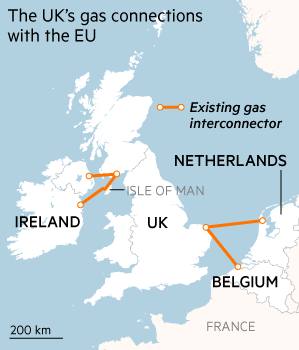 Mappa di localizzazione che mostra i collegamenti del gas del Regno Unito con l'UE
