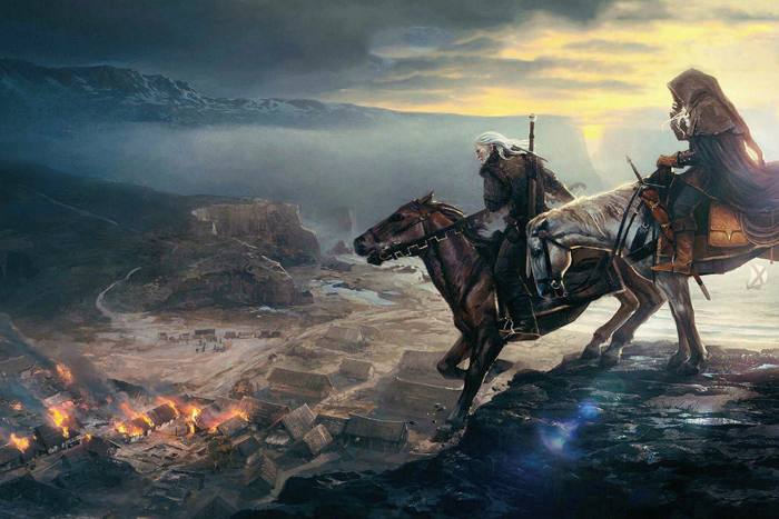 Un'immagine di un videogioco mostra due cavalieri su una collina che domina un insediamento in fiamme