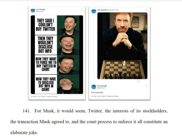 Uno screenshot della denuncia di Twitter contro Elon Musk