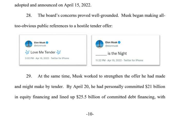 Uno screenshot della denuncia di Twitter contro Elon Musk