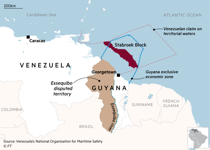 Mappa che mostra la concessione petrolifera di Stabroek al largo della costa della Guyana, con le acque territoriali della Guyana e del Venezuela