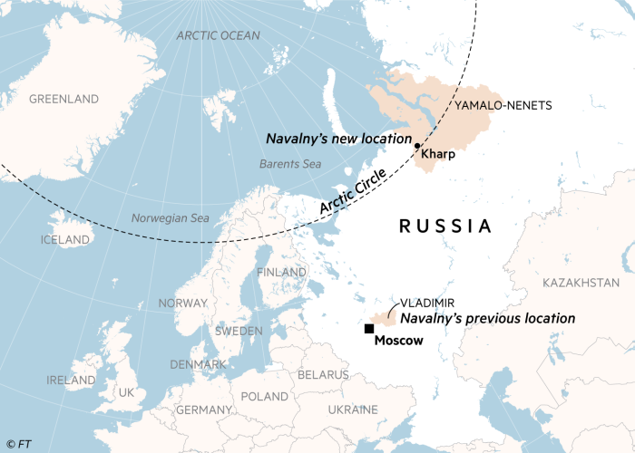 Mappa che mostra la posizione di Alexei Navalny in una colonia penale nell'Artico russo