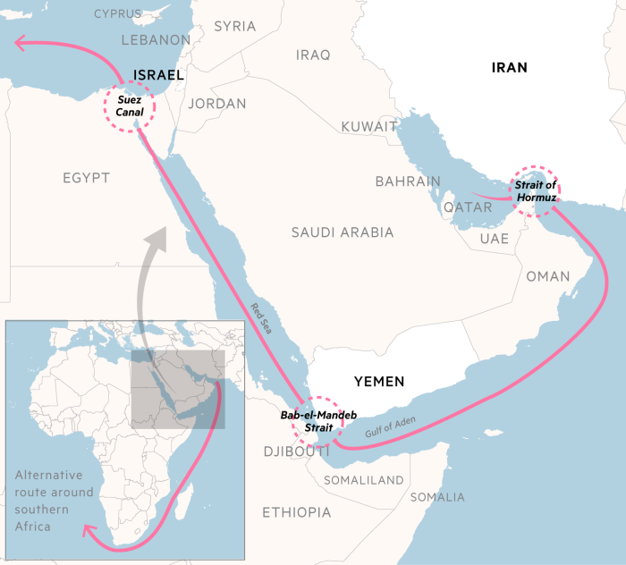 Mappa che mostra lo stretto di Bab-el-Mandeb e il percorso alternativo intorno all'Africa meridionale