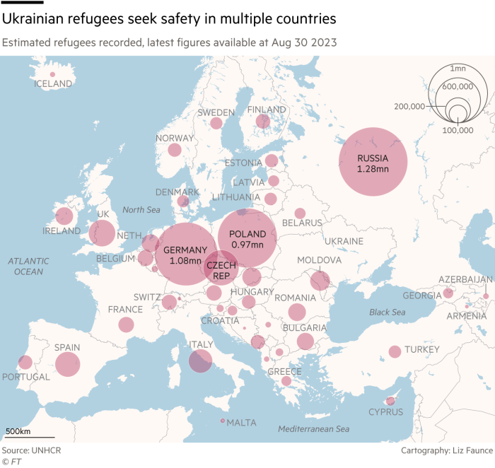 Mappa che mostra i rifugiati ucraini in cerca di sicurezza in più paesi: stima dei rifugiati registrati, fonte UNHCR