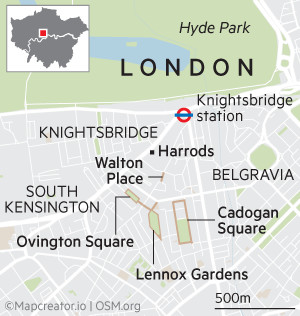 Mappa di Knightsbridge e delle zone limitrofe di Londra