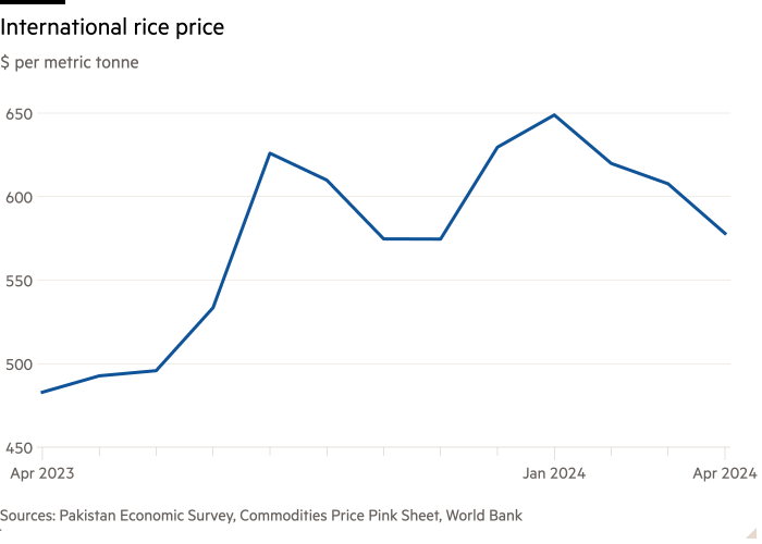 Grafico a linee del prezzo internazionale del riso ($ per tonnellata) che mostra che il Pakistan ha beneficiato di un aumento dei prezzi globali del riso dopo il divieto di esportazione dell'India