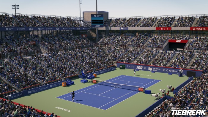 Vista in alto del fumetto di una partita di tennis in un'arena con spettatori