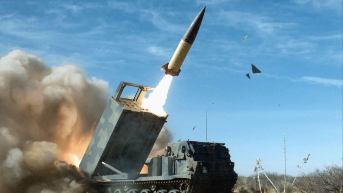 An army tactical missile being fired from an M270 Multiple Launch Rocket System