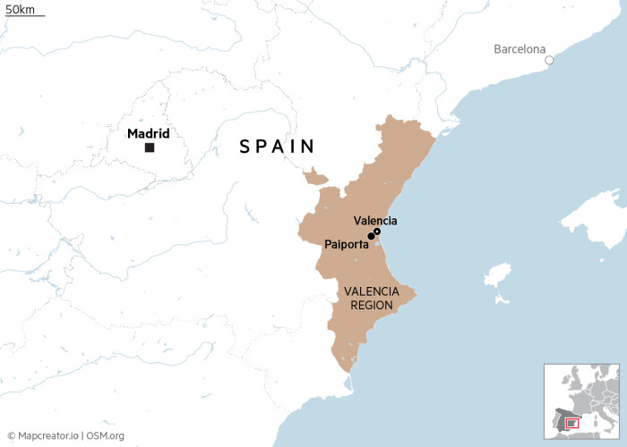 Mappa che mostra la posizione di Paiporta e Valencia nella regione di Valencia in Spagna