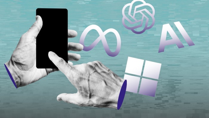 Montage with logos of Meta, OpenAI, Anthropic and Microsoft and a photo of hands using a phone