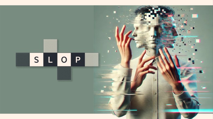 Montage image of the word ‘slop’ and an animated person whose face is green and pixelated