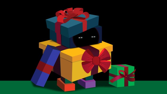 Illustration of a robot made out of brightly wrapped boxes with red ribbons around them