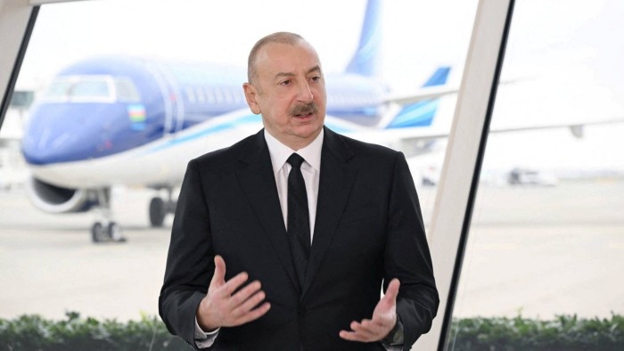 Azerbaijan’s President Ilham Aliyev in an interview with Azerbaijan Television at Heydar Aliyev International Airport outside Baku, Azerbaijan