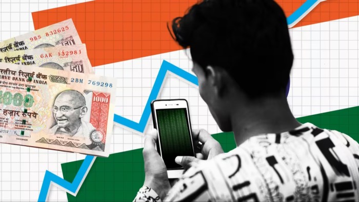 FT montage of a young India stock investor with a mobile phone. Currency notes and rising graph in the background