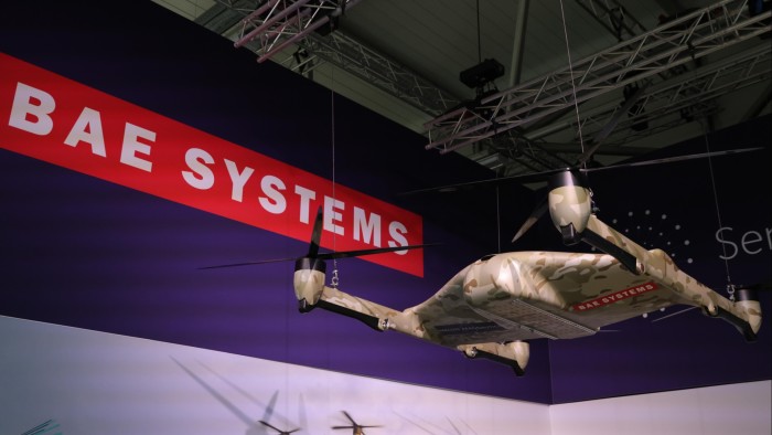 The BAE Systems T650 heavy lift drone is displayed hanging from the ceiling at the Farnborough International Airshow 2024.
