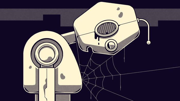 Illustration of a robot covered in cobwebs with its head slumped forward