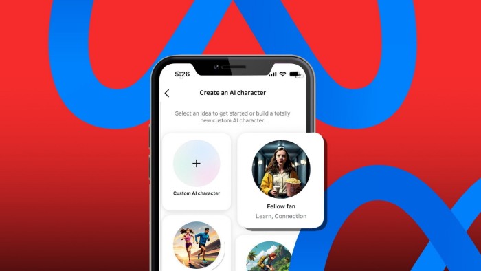 A smartphone screen displays Meta's "Create an AI character" interface