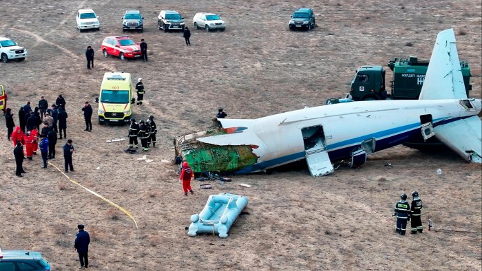 The wreckage of Azerbaijan Airlines Embraer 190 pictured on the ground near the airport of Aktau, Kazakhstan