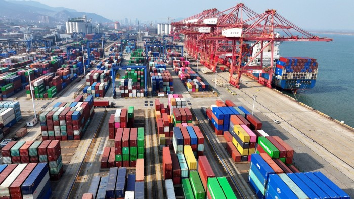 Aerial view of containers at a port in Jiangsu, eastern China