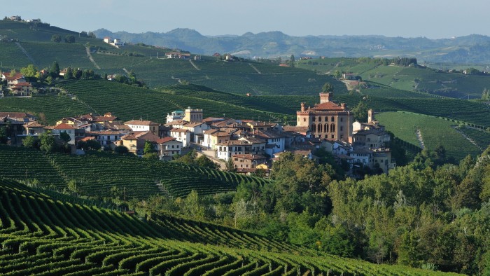 The small town of Barolo nestled amongst vineyards in the Langhe region of Piedmont