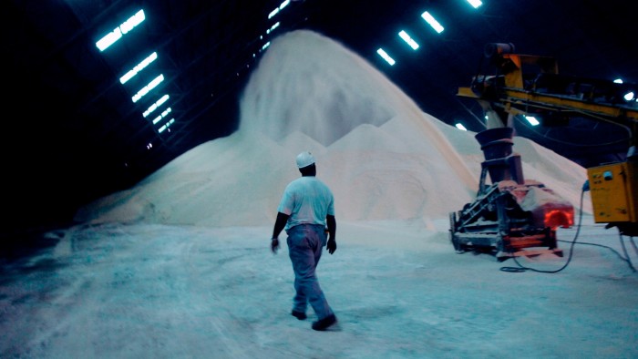 A machine shoots raw sugar into a pile inside a warehouse outside the Sugar Cane Growers Cooperative of South Florida processing facility in Belle Glade, Florida