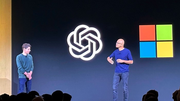 Microsoft chief Satya Nadella on stage with OpenAI chief Sam Altman at  OpenAI’s first developer conference