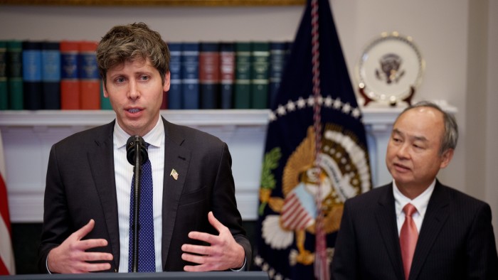 Sam Altman, left, accompanied by Masayoshi Son, speaks during a news conference in the Roosevelt Room of the White House on January 21 2025 in Washington, DC