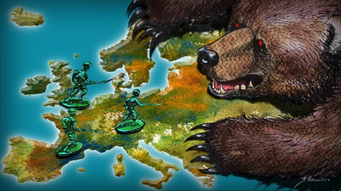 James Ferguson illustration of a map of Europe with toy soldiers on top and a giant Russian bear coming towards them