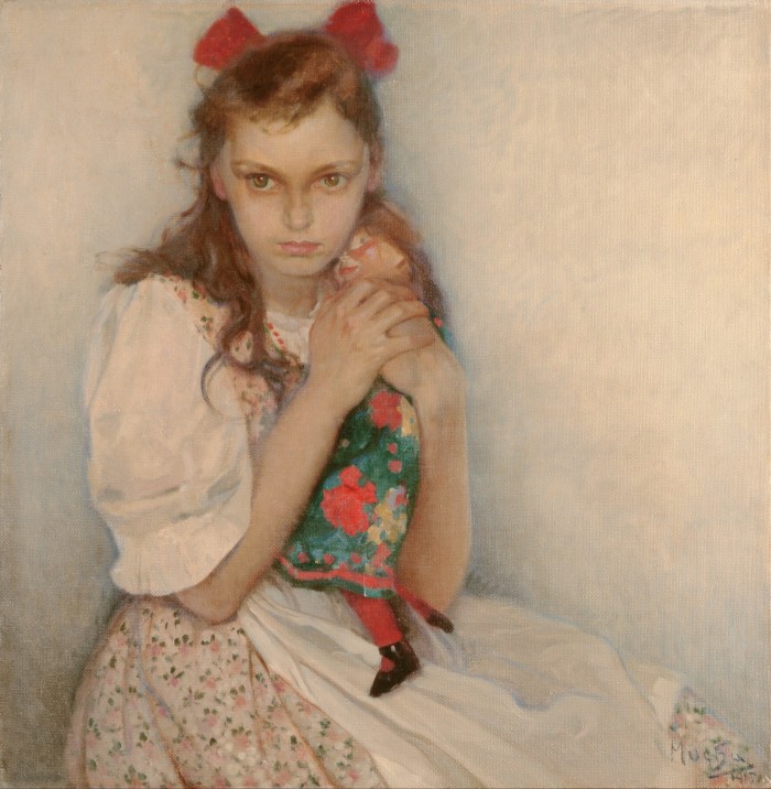 Un dipinto di una ragazza che stringe una bambola. Ha nastri rossi tra i capelli lunghi