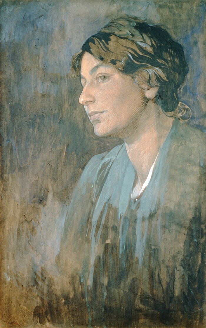 Un dipinto di una donna. I suoi capelli sono legati e ha un lieve sorriso.