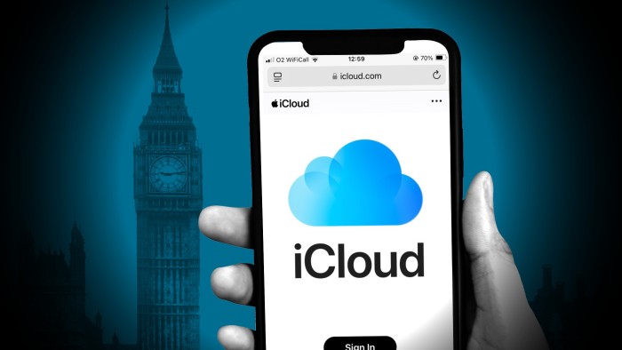 Montage shows a mobile phone with the iCloud login page against a Westminster backdrop