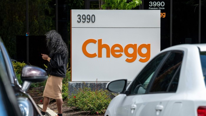 A sign for Chegg’s headquarters in its carpark in Santa Clara, California, US
