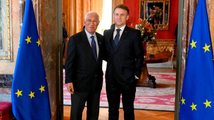 European Council President António Costa, left, and French President Emmanuel Macron at the Egmont Palace in Brussels, Belgium