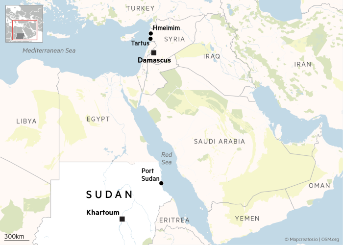 Mappa che mostra la posizione del Port Sudan in Sudan, nonché Hmeimim e Tartus in Siria