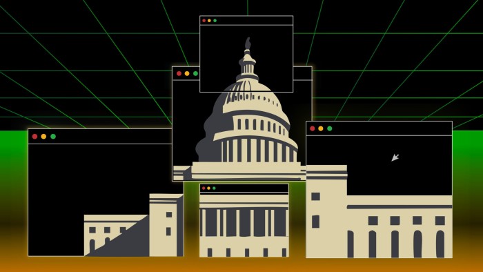 Efi Chalikopoulou illustration of the US Capitol building shaped by multiple internet pages making a comment on America’s e-government.