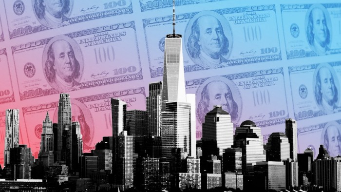 A montage of the New York skyline with $100 bills in the background