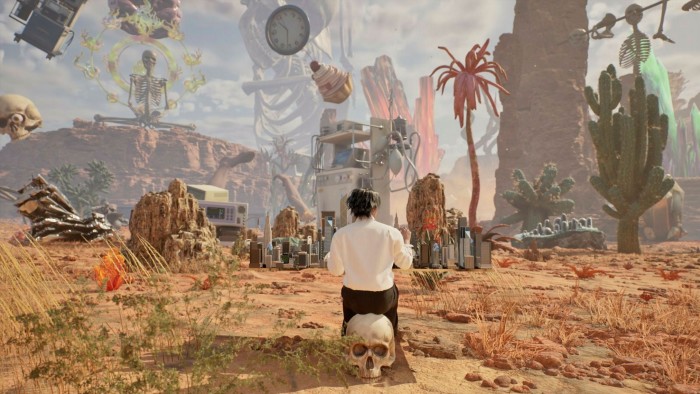 Un bizzarro paesaggio del deserto pieno di scheletri galleggianti e un orologio