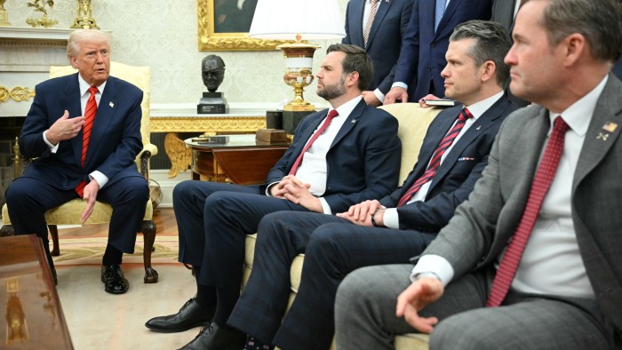 US President Donald Trump in the Oval Office with Vice Presient JD Vance, Defence Secretary Pete Hegseth and National Security Advisor Mike Waltz