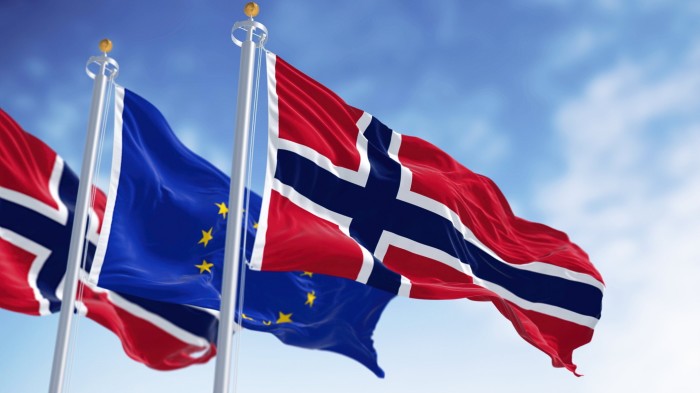 Flags of Norway and the European Union with the sky in the background