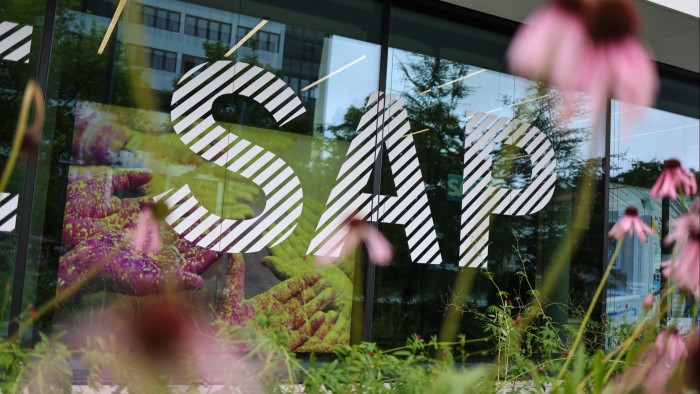 A logo on office windows at the SAP campus in Walldorf, Germany