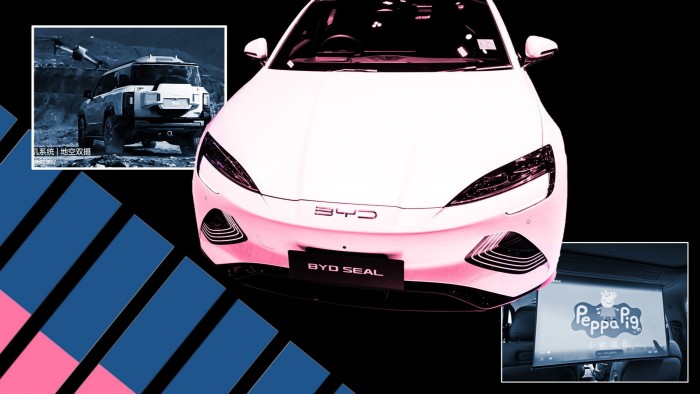 A BYD car with an inset showing a drone being launched from another vehicle. A second inset shows a screen depicting Peppa Pig
