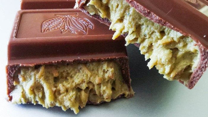 Dubai chocolate bar squares with kadaifi and pistachio filling