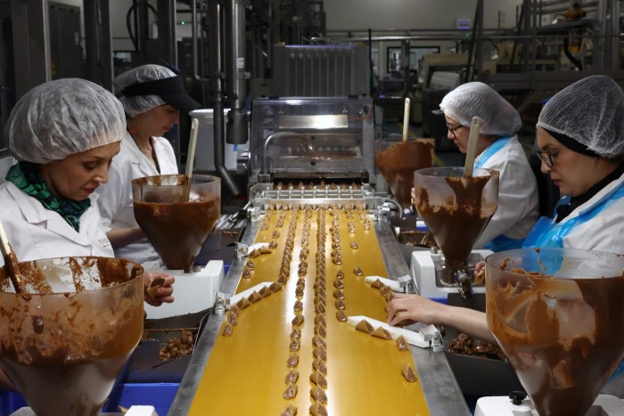 Lavoratori con linee di praline di fronte a loro nella fabbrica di cioccolato di Neuhaus a Vlezenbeek, Belgio