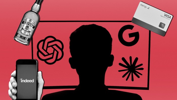 Montage of a person using computer with logos of OpenAI’s ChatGPT, Google, Anthropic’s Claude and Indeed jobs, Chivas Brothers whisky and Ramp Visa card