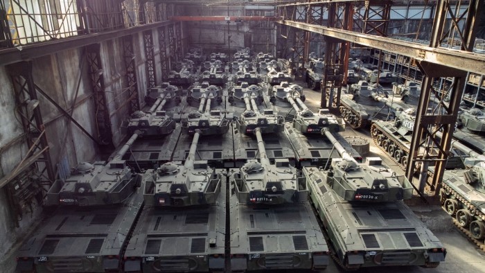 A store of refurbished German-made Leopard 1 battle tanks at the OIP Land Systems SA factory in Tournai, Belgium
