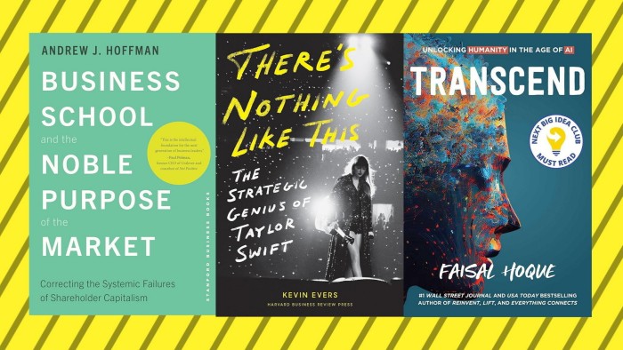 Montage of book covers for ‘Business School and the Noble Purpose of the Market’, ‘There is nothing like this’ and ‘Transcend’