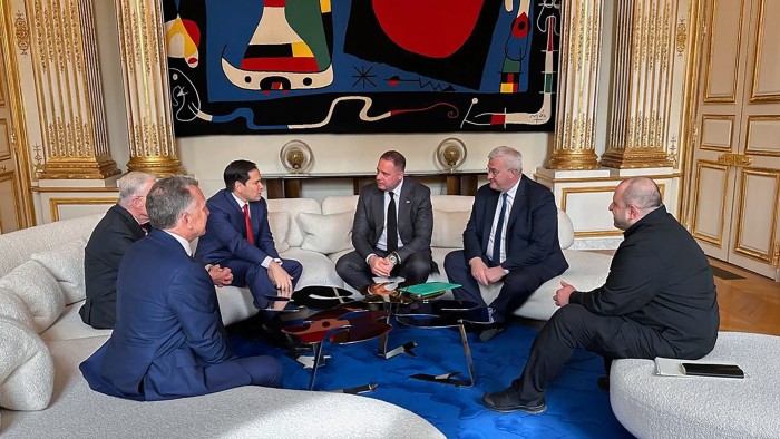Steve Witkoff, Keith Kellogg, Marco Rubio, Andriy Yermak, Andrii Sybiha and Rustem Umerov are seated together in a diplomatic meeting room