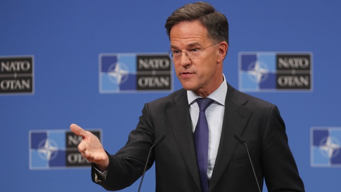 Nato secretary-general Mark Rutte speaks during a press conference in Brussels on April 2 2025