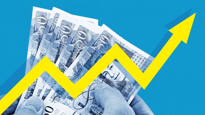 Montage of hands holding cash and an arrow pointing diagonally upward