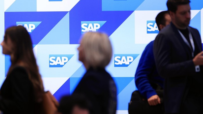 Visitors at the SAP SE booth at the Hanover Messe 2025 trade fair in Hanover, Germany